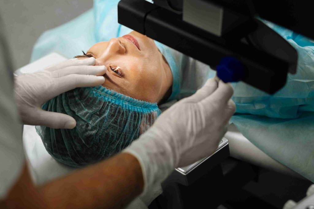 Woman getting an eye examination.